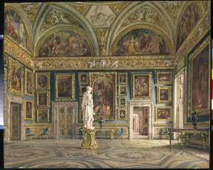 La Sala de la Ilíada (Galería Palatina) del Palacio Pitti de Florencia (Italia) (La Sala de la Ilíada del Palacio Pitti de Florencia). Pintura de Domenico Caligo (?-1880), óleo sobre lienzo. Arte italiano, segunda mitad del siglo XIX, neoclasicismo. Estado