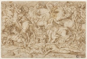 Escena de batalla con caballos y hombres de Domenico Campagnola