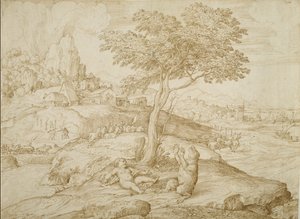 Transformación de Callisto en oso después de dar a luz a Arcas, c.1558 de Domenico Campagnola