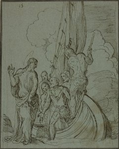 Cristo caminando sobre el agua, Pedro siguiendo de Domenico Campagnola