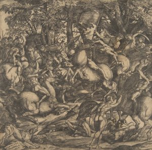 Grupo de hombres desnudos en batalla en un paisaje boscoso, algunos a caballo, un perro en lo..., 1517 de Domenico Campagnola