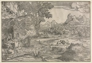 Paisaje con San Jerónimo y dos leones de Domenico Campagnola