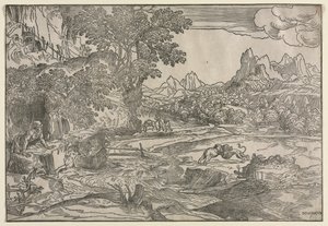 Paisaje con San Jerónimo y dos leones, c. 1530-35 de Domenico Campagnola