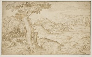 Paisaje con una ciudad y un pastor durmiendo de Domenico Campagnola