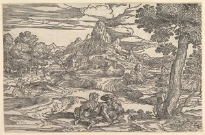 Paisaje con una mujer sentada junto a un hombre tocando una zanfona de Domenico Campagnola