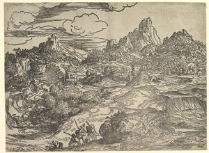 Paisaje con familia caminando junta en primer plano, a la izquierda dos figuras con..., ca. 1535-40