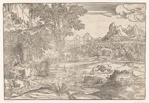 Paisaje con Hieronymus y dos leones de Domenico Campagnola