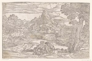 Paisaje con una pareja con zanfoña de Domenico Campagnola
