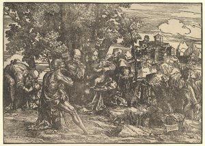 María sentada bajo los árboles con el bebé, flanqueada por José a la izquierda y San Jerónimo a la derecha, San..., 1517 de Domenico Campagnola
