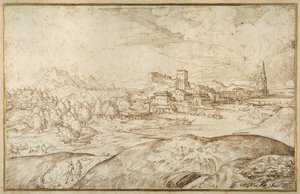 Paisaje montañoso con un río y una ciudad fortificada con una torre con aguja