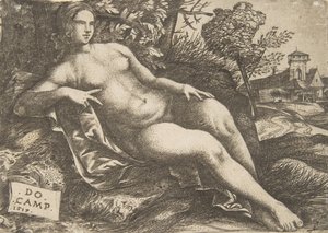 Mujer desnuda Venus reclinada en un paisaje