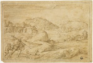Paisaje fluvial con San Roque y un niño viajando con perro de Domenico Campagnola