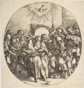 El Espíritu Santo como un pájaro descendiendo con las alas extendidas en el centro superior, los doce apóstoles..., 1518 de Domenico Campagnola