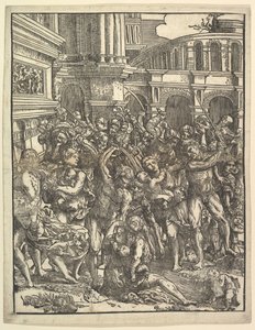 La masacre de los inocentes, lado derecho con grupo de figuras masculinas atacando a mujeres... de Domenico Campagnola