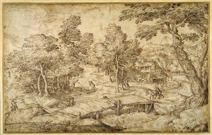Paisaje boscoso con una granja y un puente de madera sobre una esclusa de Domenico Campagnola