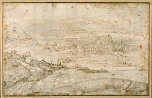 Paisaje boscoso con un río serpenteante; en la distancia una ciudad, una mezcla de agujas y cúpulas con ruinas antiguas de Domenico Campagnola