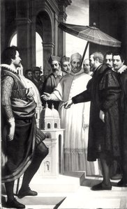 Miguel Ángel (1475-1564) presentando un modelo de la cúpula de San Pedro al Papa Pablo IV (1476-1559)