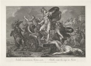 Aquiles arrastra el cadáver de Héctor detrás de su carro. Achilles in exanimem Hectora saevit / Achilles descarga su ira sobre Héctor (título sobre objeto)