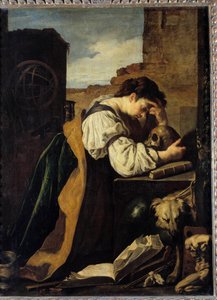 Melancolía. Una joven triste se inclina sobre una calavera, una esfera armilar detrás de ella. Pintura (Vanitas) de Domenico Feti (1589-1624) de Domenico Feti