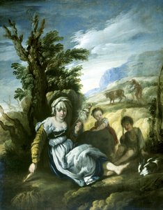 Adán y Eva trabajando de Domenico Fetti or Feti