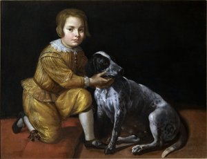 Retrato de un niño con un perro de Domenico Fiasella