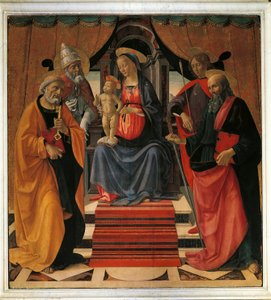 Santa Conversación. La Virgen María y Jesucristo rodeados por San Pedro, San Pablo, San Sebastián y el Papa San Clemente de Domenico Ghirlandaio