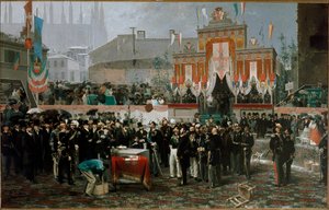 Ceremonia de colocación de la primera piedra de la galería Vittorio Emanuele II el 7 de marzo de 1865 de Domenico Induno