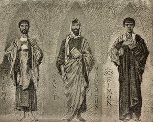 Santos Tomás, Mateo y Simón, cartones de Domenico Morelli para mosaico en la catedral de Amalfi, Italia, dibujo de P Scoppetta, grabado de L
