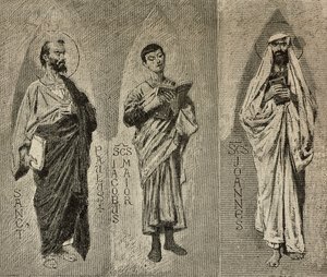 San Pablo, Santiago el Mayor y Juan, cartones de Domenico Morelli para el mosaico de la Catedral de Amalfi, Italia, dibujo de P Scoppetta, grabado de L