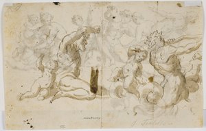 Un dios del río y dos putti de Domenico Piola