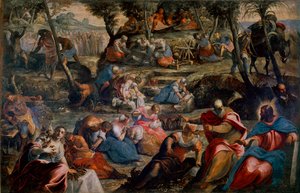 La recolección del maná (Judíos en el desierto). Escena del Antiguo Testamento: Dios alimenta a los israelitas que morirían de hambre con huevos de codorniz y maná. A la derecha, Aarón y Moisés. Pintura de Jacopo Robusti, conocido como Tintoretto (1518-159