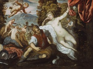 Venus y Marte con Cupido y las Tres Gracias en un Paisaje, 1590-95 de Domenico Tintoretto