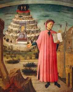 Dante Alighieri con la Divina Comedia en la mano y montañas del purgatorio en el fondo (detalle)