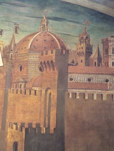 Detalle que representa la Catedral de Florencia, de un fresco de Dante con la Divina Comedia en el pasillo norte (detalle) de Domenico di Michelino