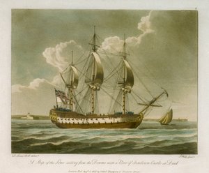Un buque de línea navegando desde los Downs con vistas al castillo de Sandown en Deal de Dominic Serres