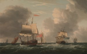 Un barco inglés de dos puentes atracado, con otros barcos y embarcaciones en una brisa fresca.