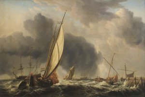 Barcos de pesca y un barco de guerra en una brisa en la desembocadura de un río, 1771