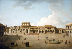 Plaza de La Habana (Cuba), agosto y septiembre de 1762, bajo ocupación británica con una tropa de soldados con uniforme rojo, descripción de los edificios y algunos marineros ingleses cerca de la fuente. de Dominic Serres
