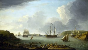 Regreso de una flota a Plymouth (Inglaterra), descripción de la ciudad y la bahía, incluyendo la isla Drake y la montaña Edgcumbe. Óleo sobre lienzo de Dominic Serres