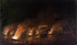 Guerra de los Siete Años (1756-1763): Buques de guerra franceses atacan de noche a la flota británica frente a Quebec (Canadá), el 28 de junio de 1759. de Dominic Serres