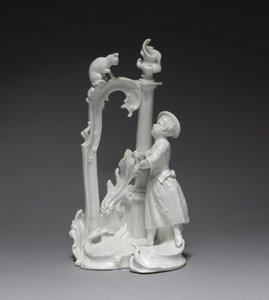Figura de una niña con gato, hecha por la Fábrica de Porcelana de Nymphenburg, c.1770 (porcelana) de Dominicus (attr. to) Auliczek