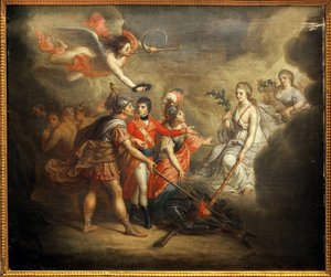 La paz de Amiens. Tratado firmado el 25 de marzo de 1802 entre el Reino Unido y sus aliados el Imperio Otomano por un lado y Francia, España y Holanda por el otro. La pintura representa a Napoleón I Bonaparte, coronado por un ángel tocando la trompeta