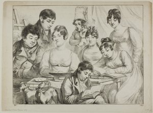 Conversación, una familia dibujando y leyendo, la niñera sosteniendo a un bebé, un retrato del príncipe Edmond de Beauvau detrás de una silla, y retratos de Madame Lavallée y Madame Vallory, ambas sentadas