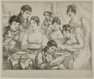 Conversación, una familia dibujando y leyendo, la niñera sosteniendo a un bebé, un retrato del Príncipe Edmond de Beauvau detrás de una silla, y retratos de Madame Lavallée y Madame Vallory, ambas sentadas
