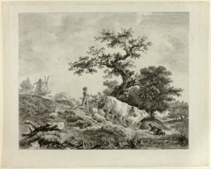 Paisaje con molino de viento, joven y niña y dos bueyes de Dominique Vivant Denon