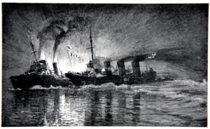 HMS Broke embistiendo al destructor alemán, ilustración de 
