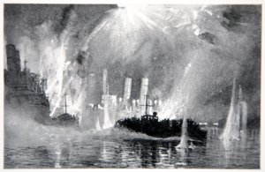 Lanchas motoras rescatando tripulaciones de los barcos bloqueados en Zeebrugge, ilustración de 