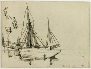 Boceto de barcos de pesca y marineros de Donald Shaw MacLaughlan