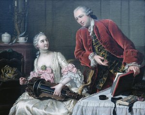 Retrato de Monsieur y Madame de Corcelles tocando música en un interior de Donat Nonotte