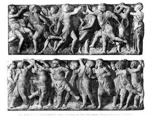 Panel de Putti danzantes, de la Cantoria, de la Galería de Canto del Duomo (mármol) de Donatello